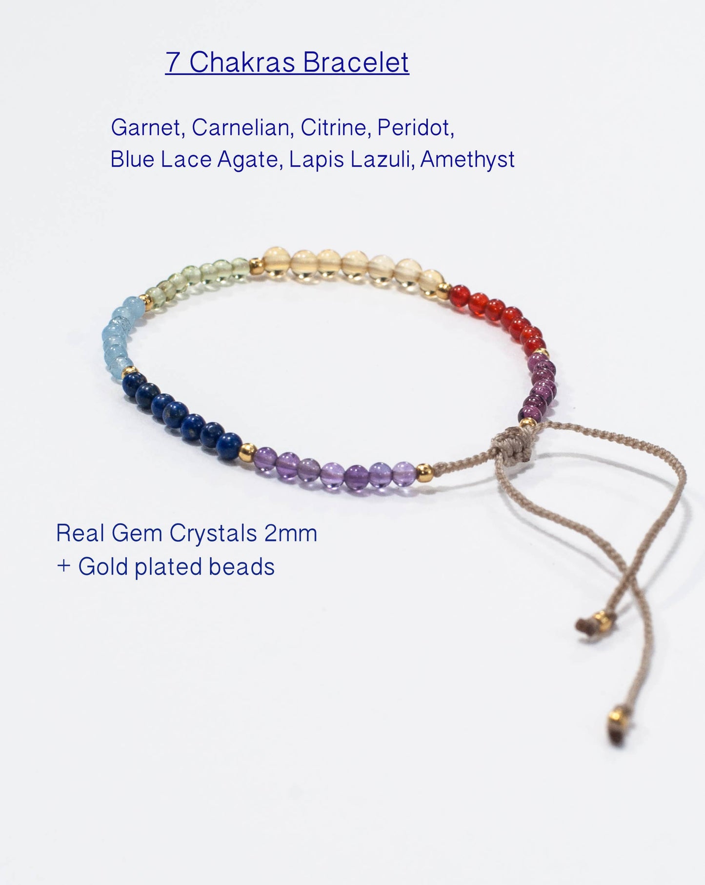 Dainty 2mm Crystal Gemstone Bracelet w Gold for 7 Chakras